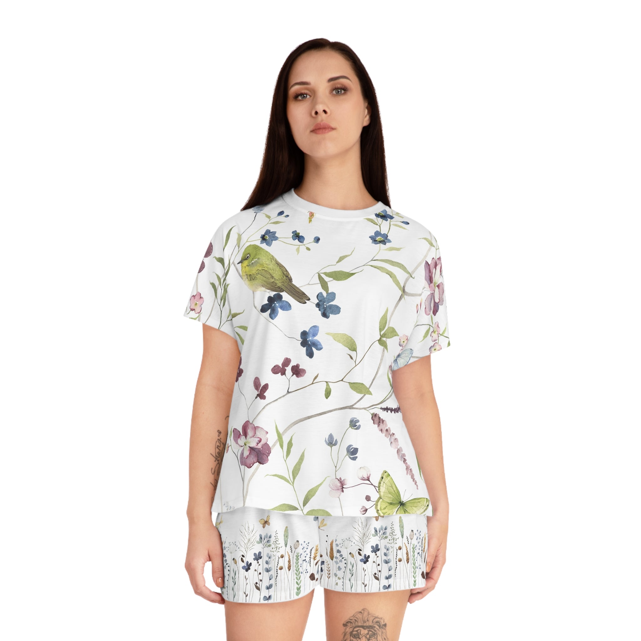 Floral Bird Women’s Short Pajama Set – Watercolor Wildflower Sleepwear