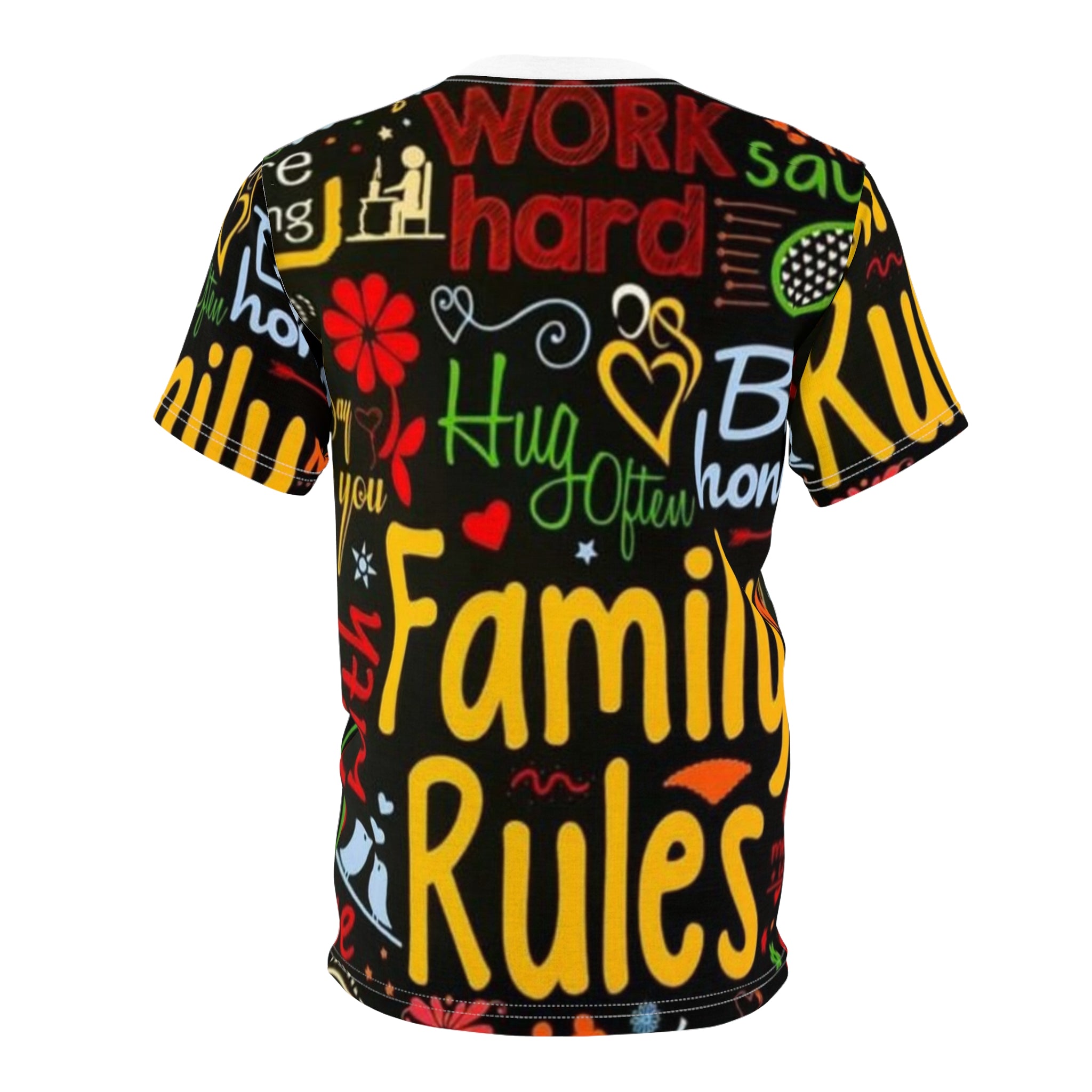 Family Rules Graphic Tee — Colorful Positive Message All-Over Print