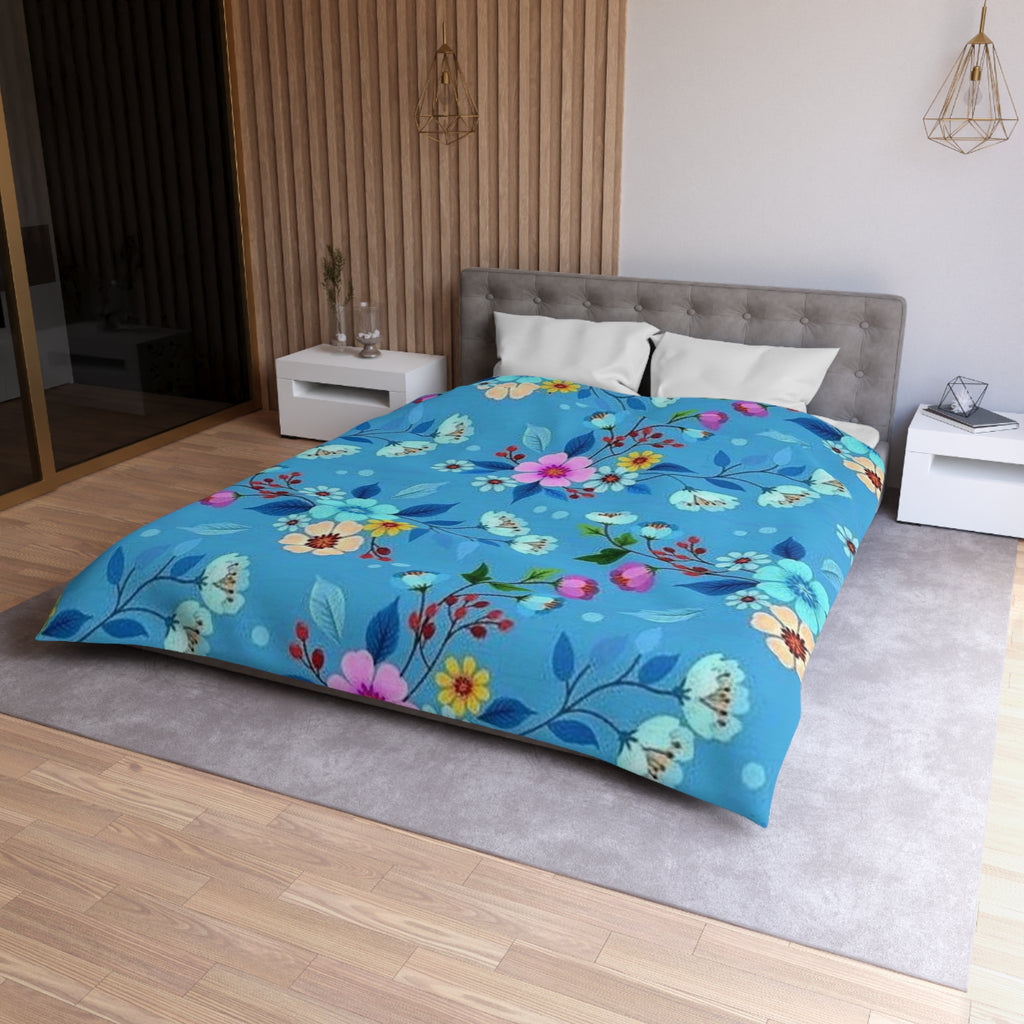 Floral Blue Microfiber Duvet Cover — Bright Blossom Bedspread