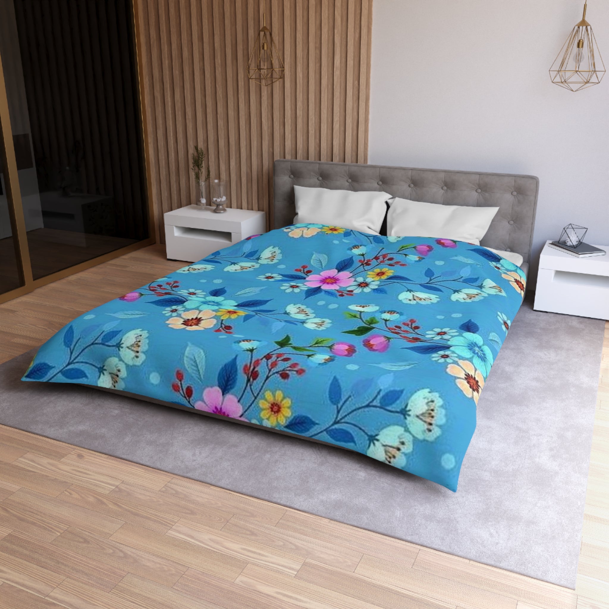 Floral Blue Microfiber Duvet Cover — Bright Blossom Bedspread