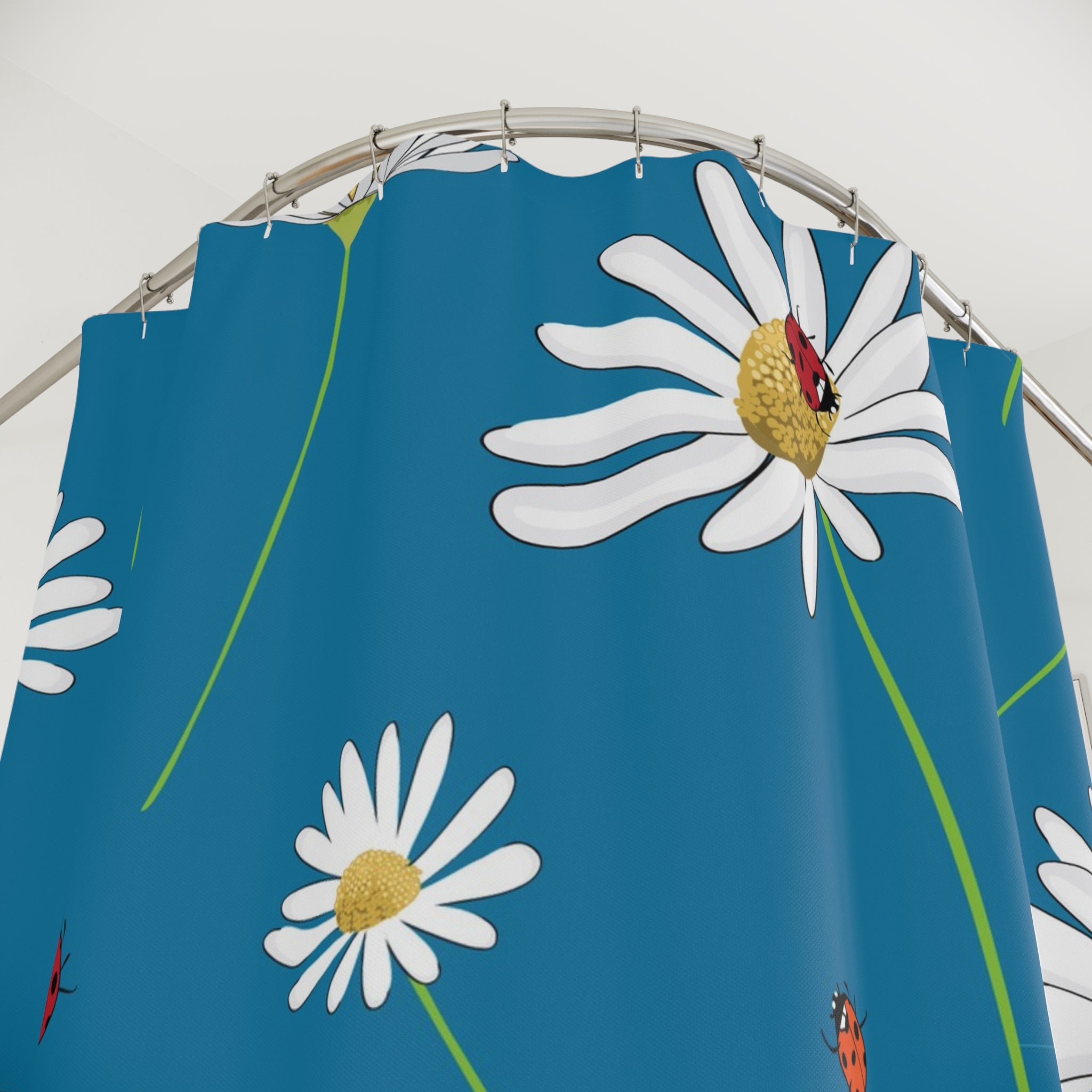 Daisy & Ladybug Shower Curtain – Blue Floral Bathroom Décor