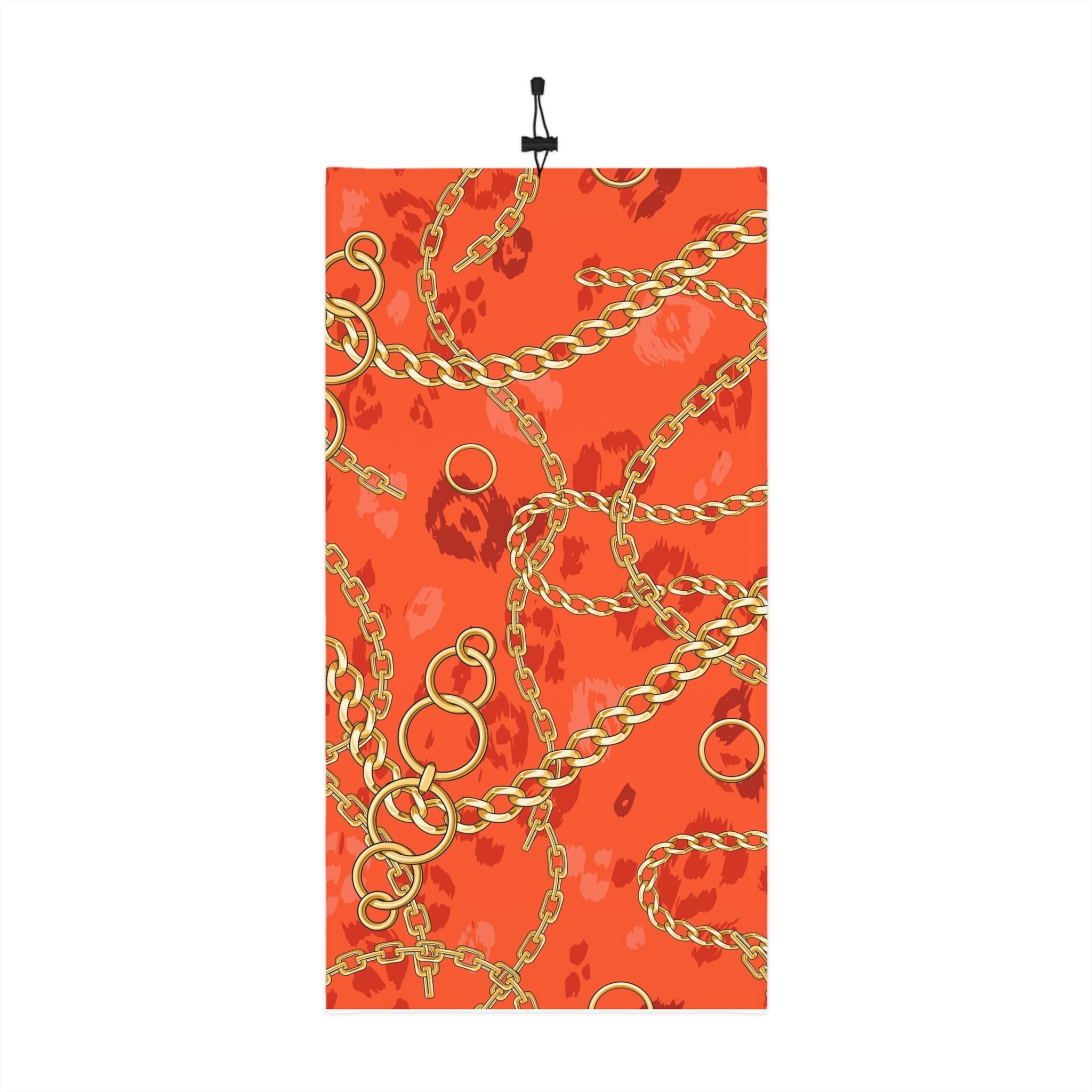 Gold Chain Print Winter Neck Gaiter — Orange Leopard Scarf with Drawstring